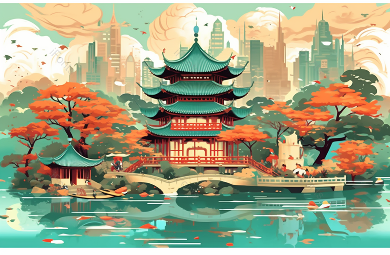 典雅的中国风古建筑场景中国古典插画背景,插画/手绘图,插画/手绘图库,插画/手绘图下载,插画/手绘